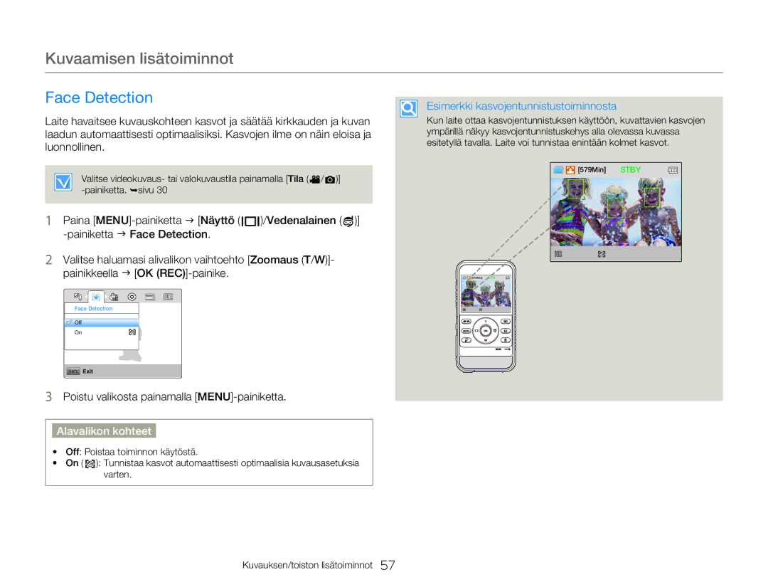 Samsung HMX-W300YP/EDC, HMX-W350YP/EDC manual Face Detection, Esimerkki kasvojentunnistustoiminnosta 