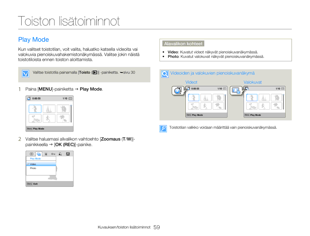 Samsung HMX-W300YP/EDC, HMX-W350YP/EDC manual Toiston lisätoiminnot, Paina MENU-painiketta J Play Mode 