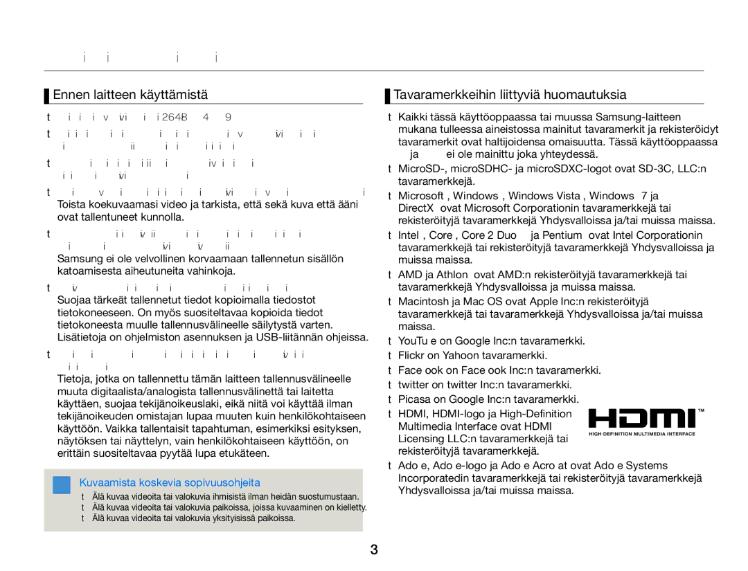 Samsung HMX-W300YP/EDC, HMX-W350YP/EDC manual Ennen tämän käyttöoppaan lukemista, Tavaramerkkeihin liittyviä huomautuksia 