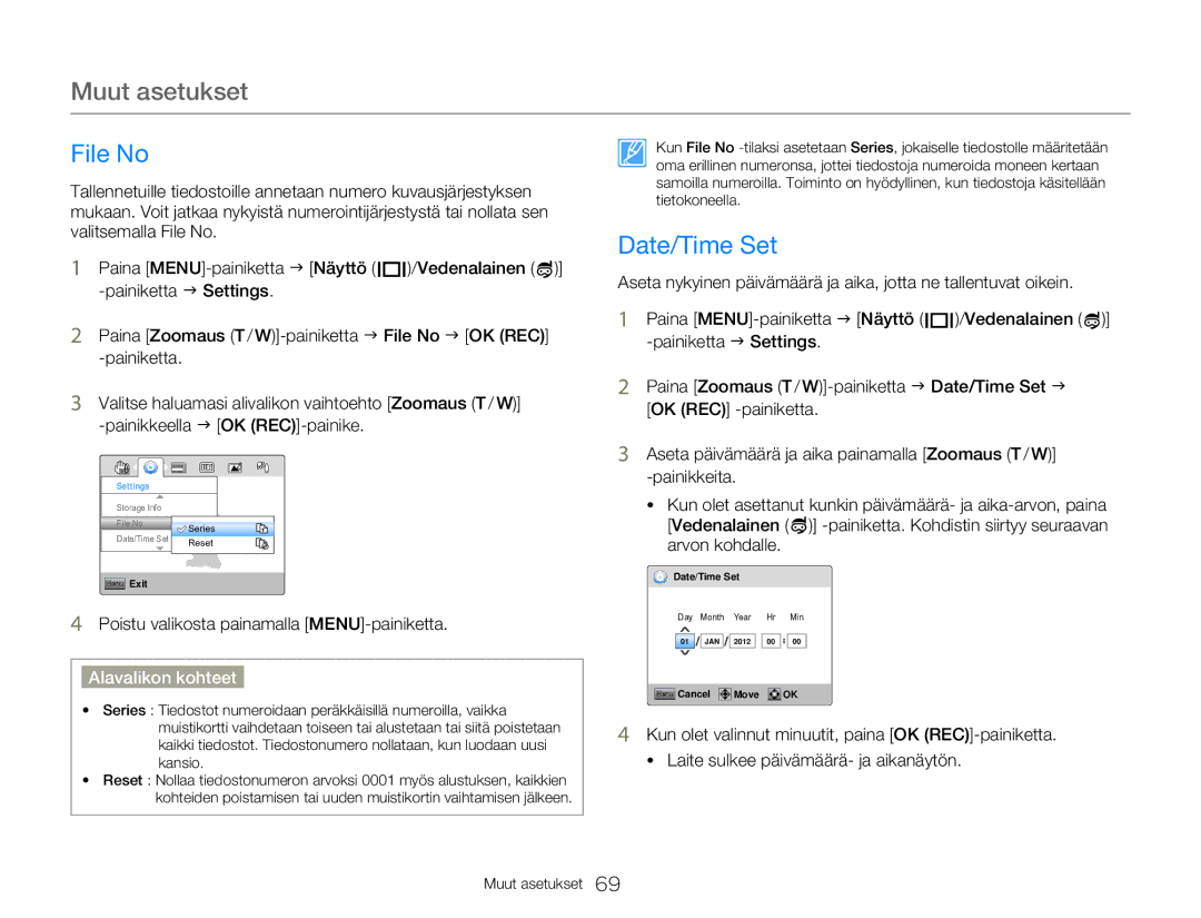 Samsung HMX-W300YP/EDC, HMX-W350YP/EDC manual Muut asetukset, File No, Date/Time Set 