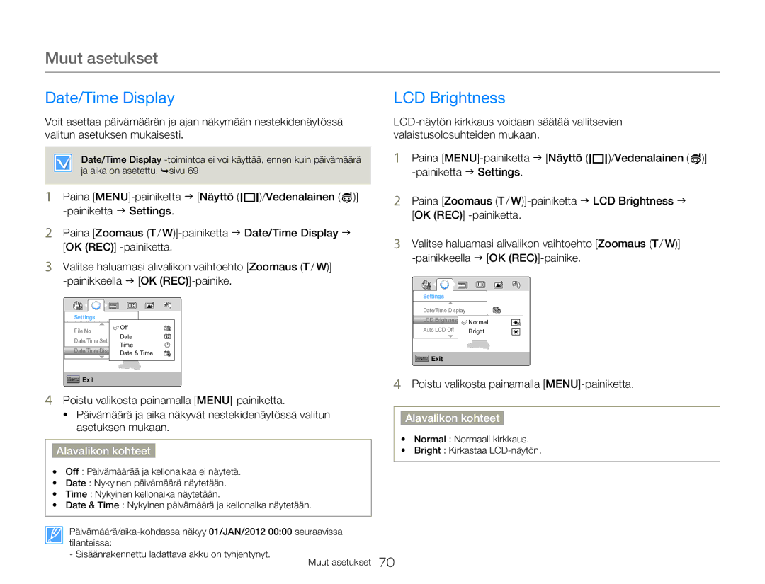 Samsung HMX-W350YP/EDC, HMX-W300YP/EDC manual Date/Time Display, LCD Brightness 