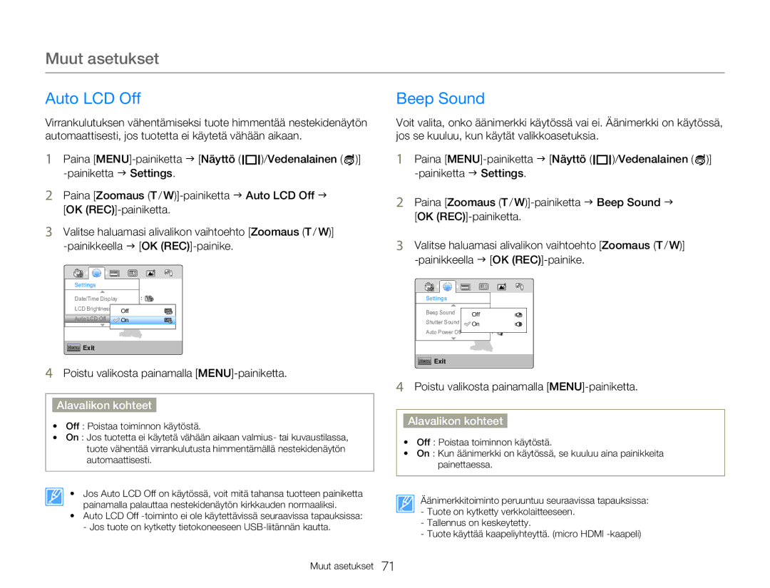 Samsung HMX-W300YP/EDC, HMX-W350YP/EDC manual Auto LCD Off, Beep Sound 