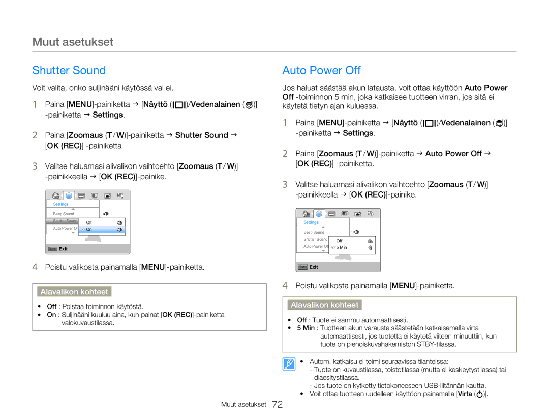 Samsung HMX-W350YP/EDC, HMX-W300YP/EDC manual Shutter Sound Auto Power Off 