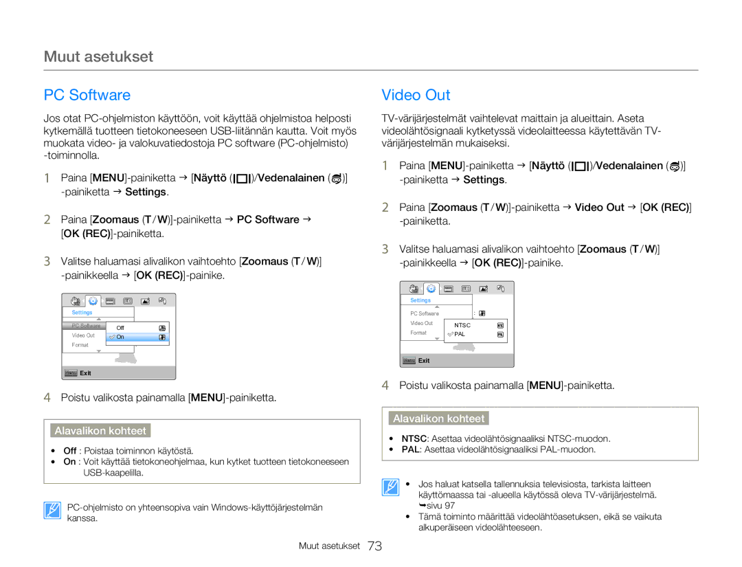 Samsung HMX-W300YP/EDC, HMX-W350YP/EDC manual PC Software, Video Out, Painikkeella J OK REC-painike 