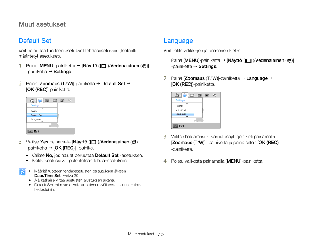 Samsung HMX-W300YP/EDC, HMX-W350YP/EDC manual Default Set, Language 