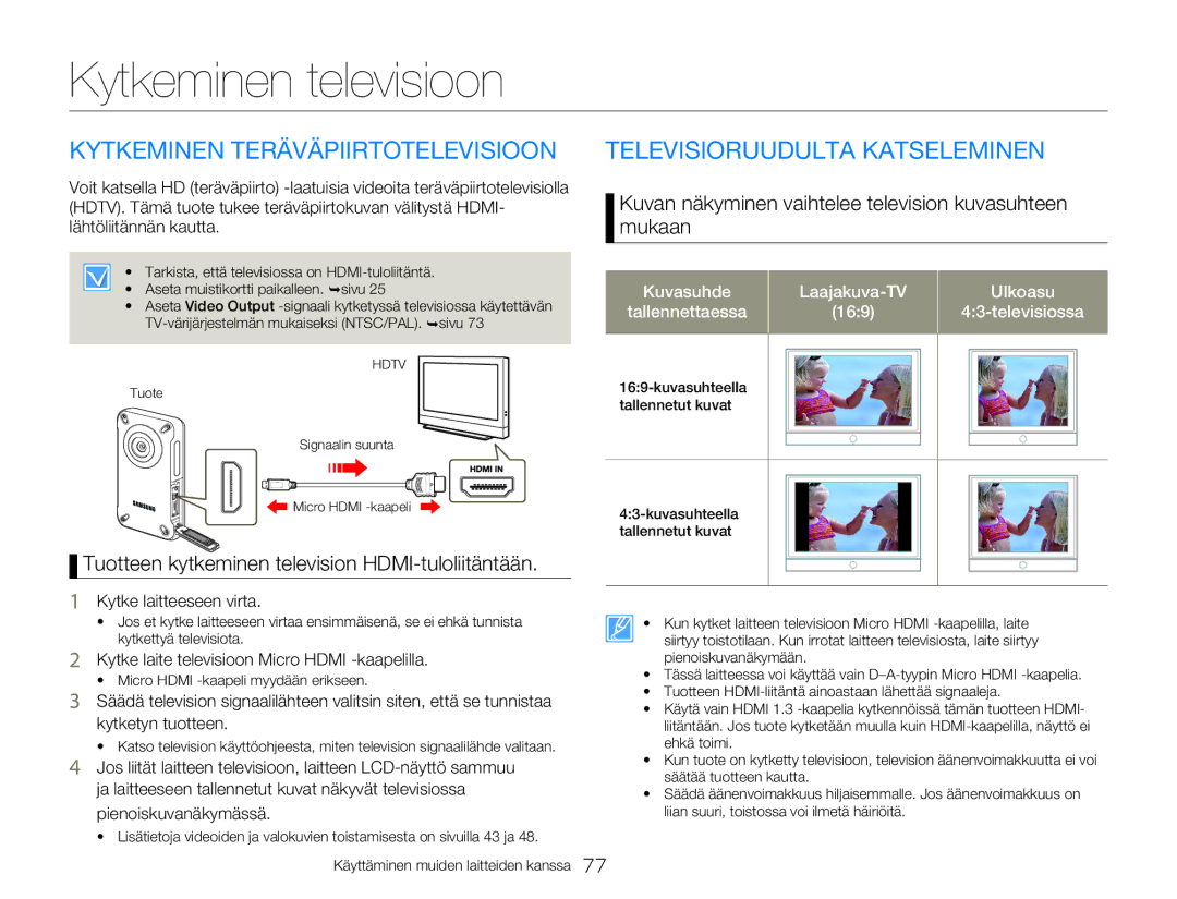 Samsung HMX-W300YP/EDC, HMX-W350YP/EDC Kytkeminen televisioon, Kuvan näkyminen vaihtelee television kuvasuhteen mukaan 