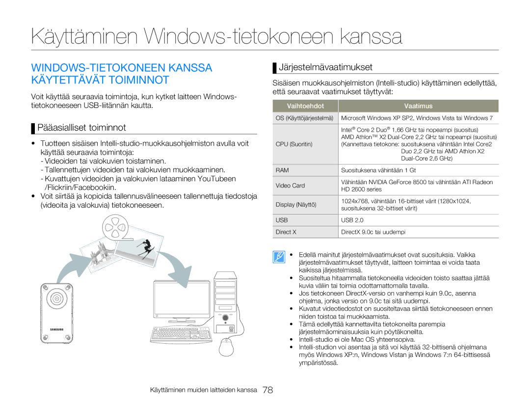 Samsung HMX-W350YP/EDC manual Käyttäminen Windows-tietokoneen kanssa, WINDOWS-TIETOKONEEN Kanssa Käytettävät Toiminnot 