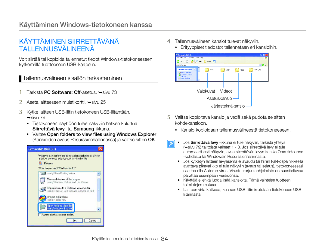 Samsung HMX-W350YP/EDC manual Käyttäminen Siirrettävänä Tallennusvälineenä, Tallennusvälineen sisällön tarkastaminen 