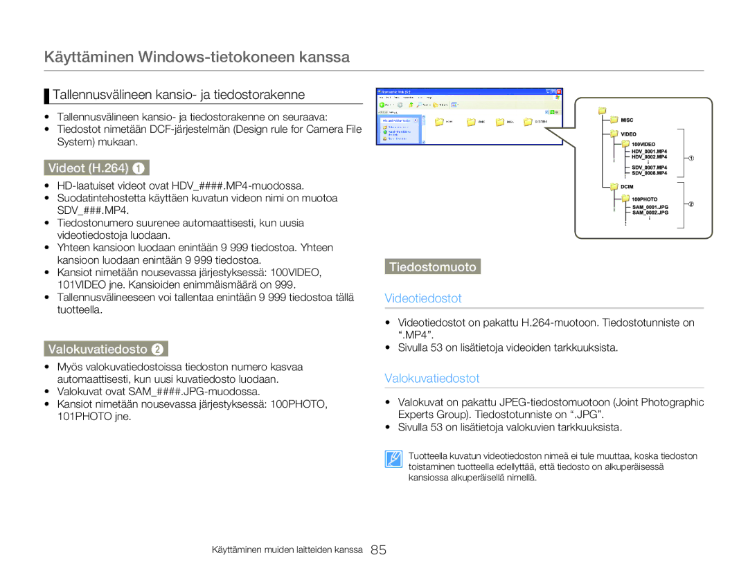 Samsung HMX-W300YP/EDC manual Tallennusvälineen kansio- ja tiedostorakenne, Videot H.264, Valokuvatiedosto, Tiedostomuoto 