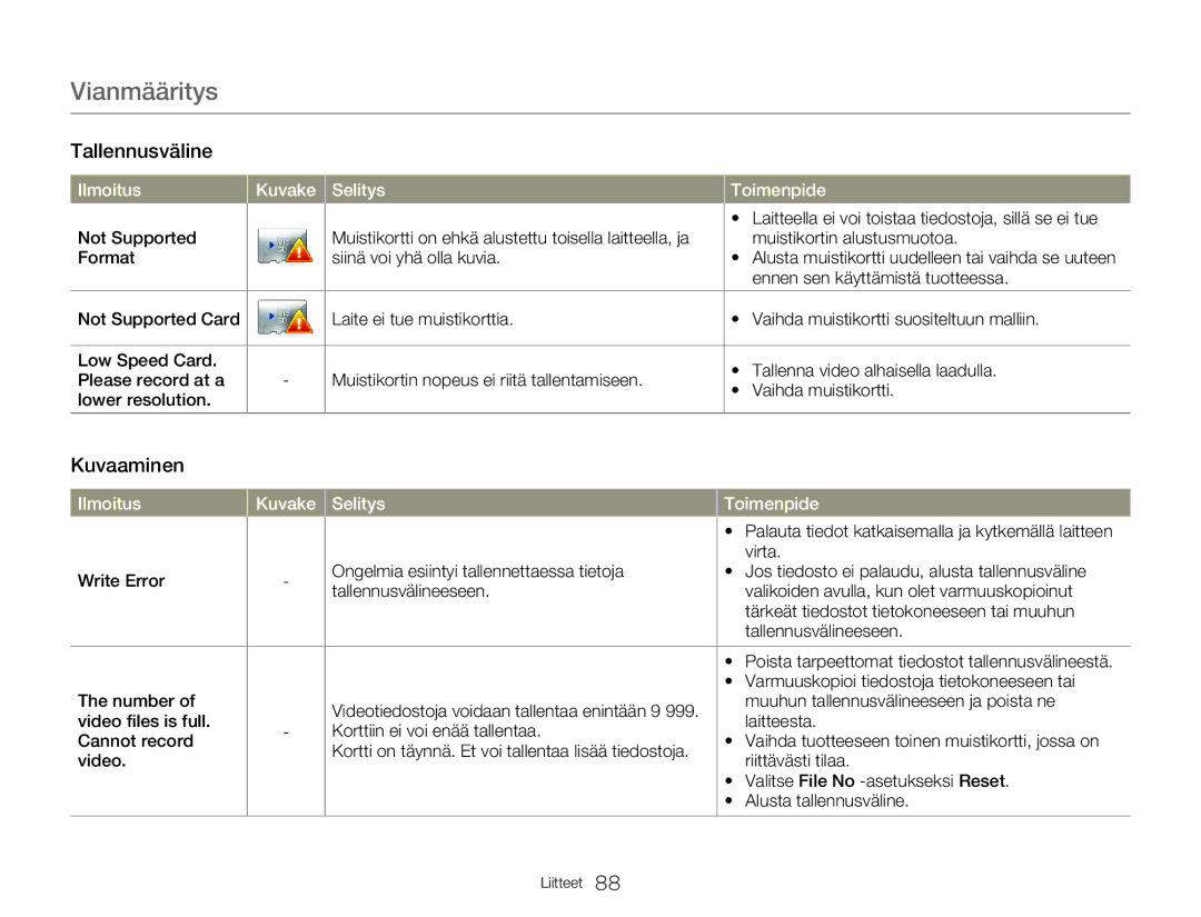 Samsung HMX-W350YP/EDC manual Vianmääritys, Kuvaaminen, Laitteella ei voi toistaa tiedostoja, sillä se ei tue, Virta 