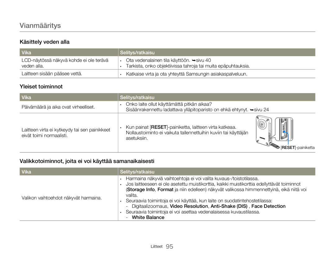 Samsung HMX-W300YP/EDC, HMX-W350YP/EDC manual Yleiset toiminnot, Valikkotoiminnot, joita ei voi käyttää samanaikaisesti 