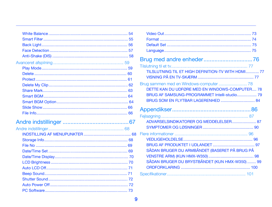 Samsung HMX-W300YP/EDC, HMX-W350YP/EDC manual Indhold, Brug sammen med en Windows-computer, 100, 101 