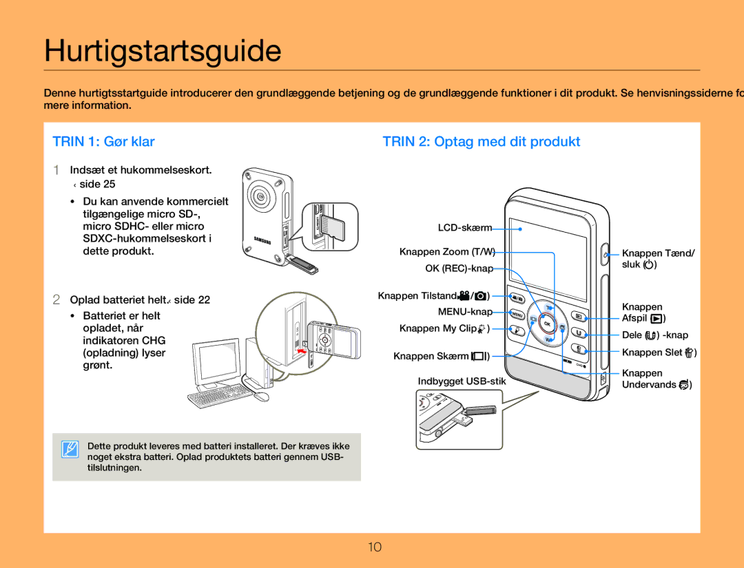 Samsung HMX-W350YP/EDC, HMX-W300YP/EDC manual Hurtigstartsguide, Trin 1 Gør klar 