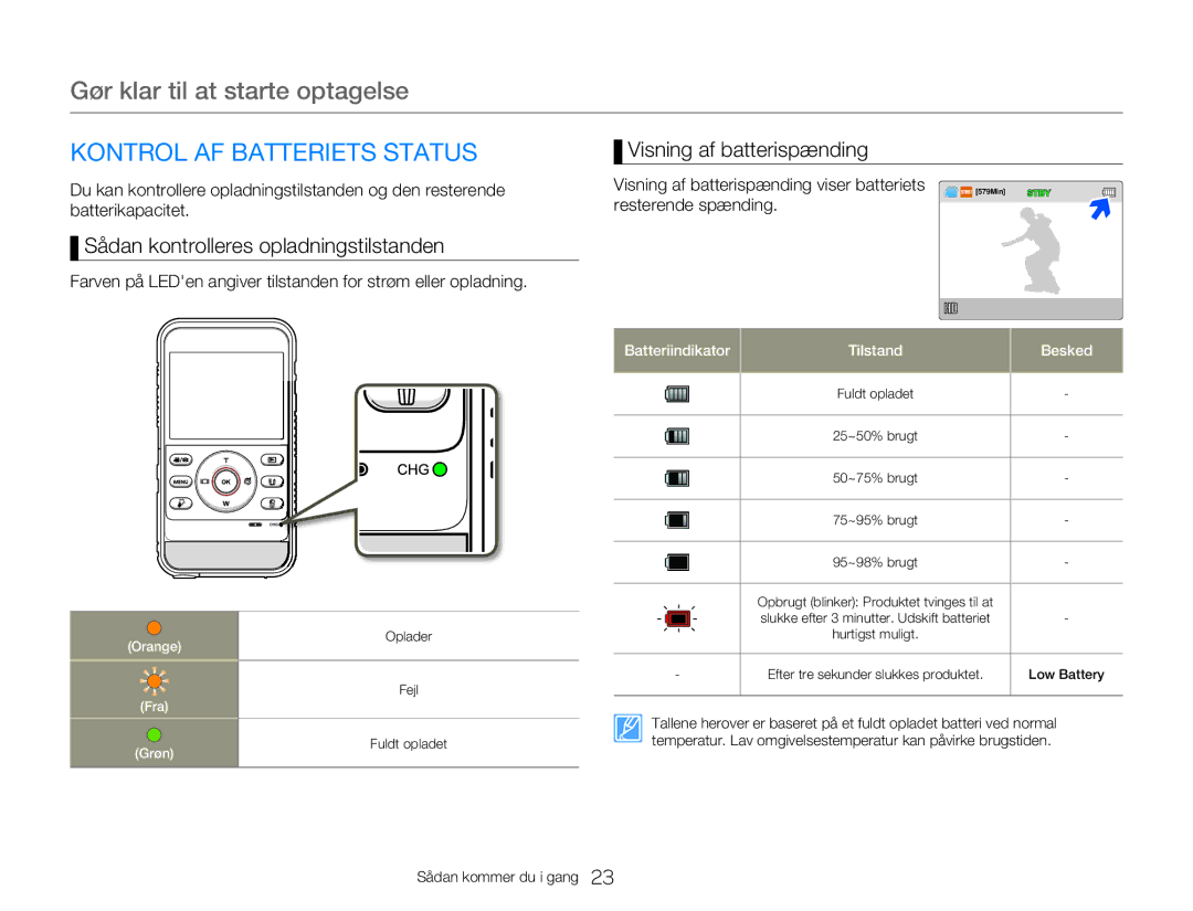 Samsung HMX-W300YP/EDC manual Gør klar til at starte optagelse, Kontrol AF Batteriets Status, Visning af batterispænding 