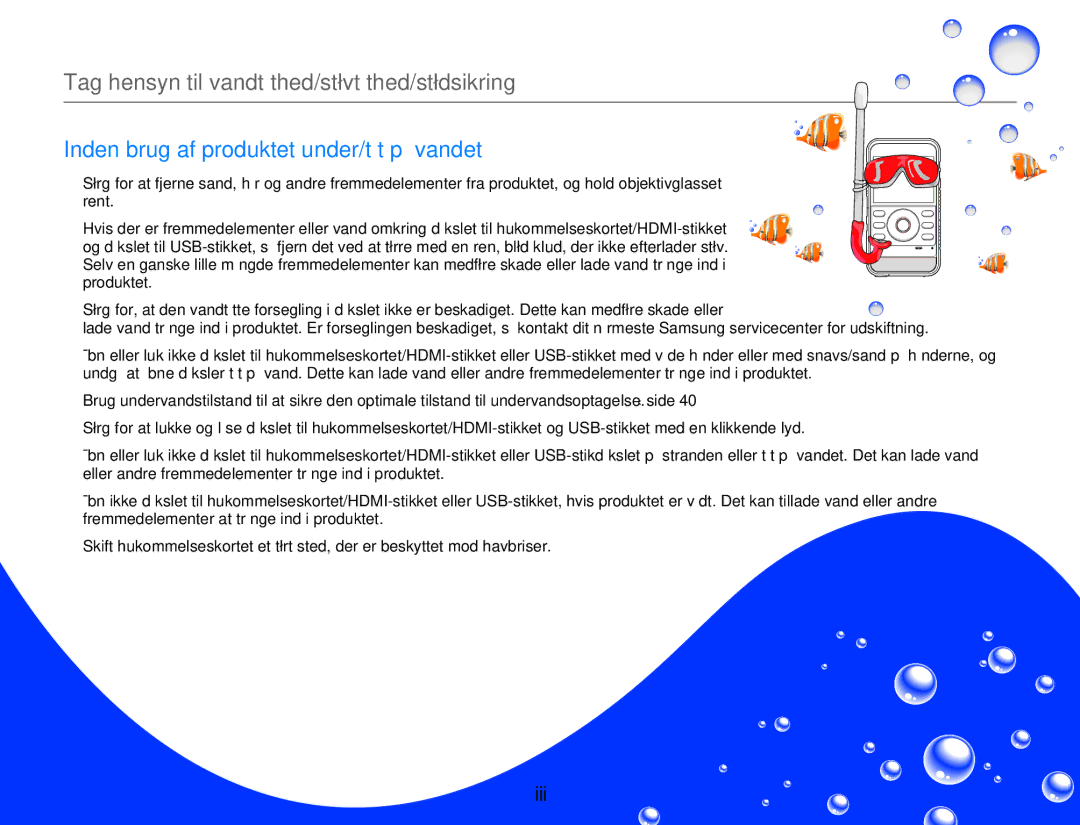 Samsung HMX-W300YP/EDC, HMX-W350YP/EDC manual Tag hensyn til vandtæthed/støvtæthed/stødsikring 