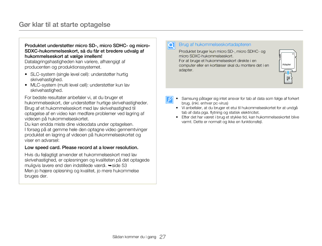 Samsung HMX-W300YP/EDC, HMX-W350YP/EDC manual Brug af hukommelseskortadapteren 