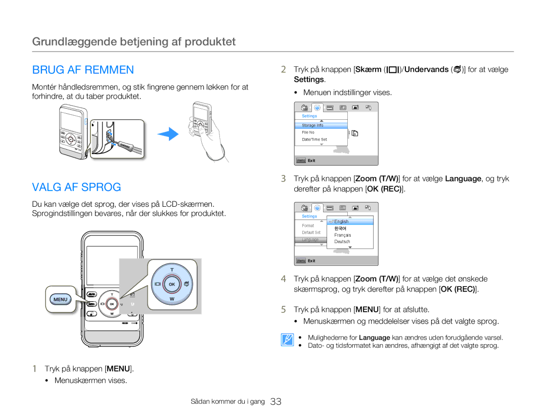 Samsung HMX-W300YP/EDC, HMX-W350YP/EDC manual Brug AF Remmen, Valg AF Sprog, Tryk på knappen Menu Menuskærmen vises 