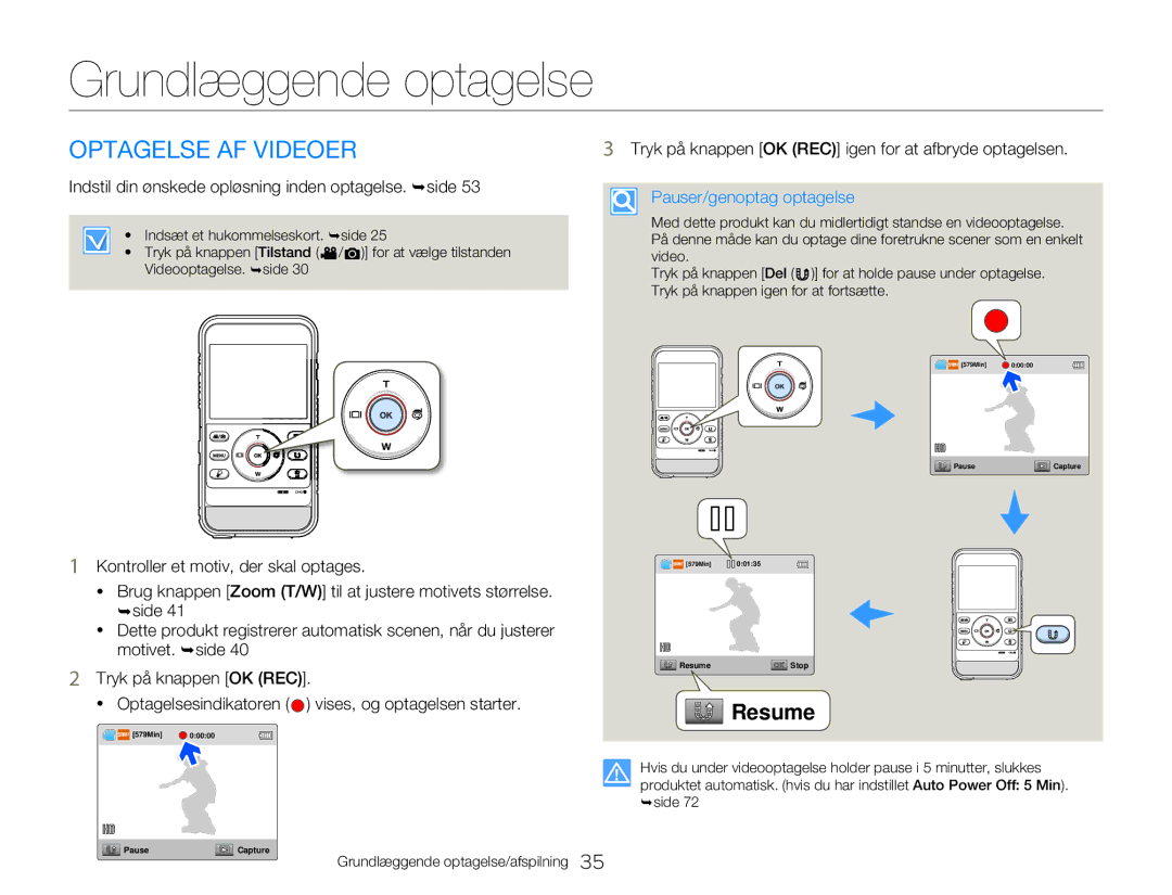 Samsung HMX-W300YP/EDC Grundlæggende optagelse, Optagelse AF Videoer, Indstil din ønskede opløsning inden optagelse. ¬side 