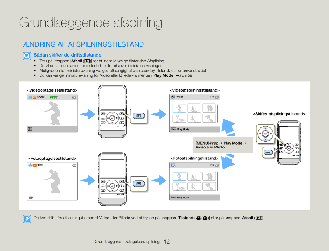 Samsung HMX-W350YP/EDC manual Grundlæggende afspilning, Ændring AF Afspilningstilstand, Sådan skifter du driftstilstande 