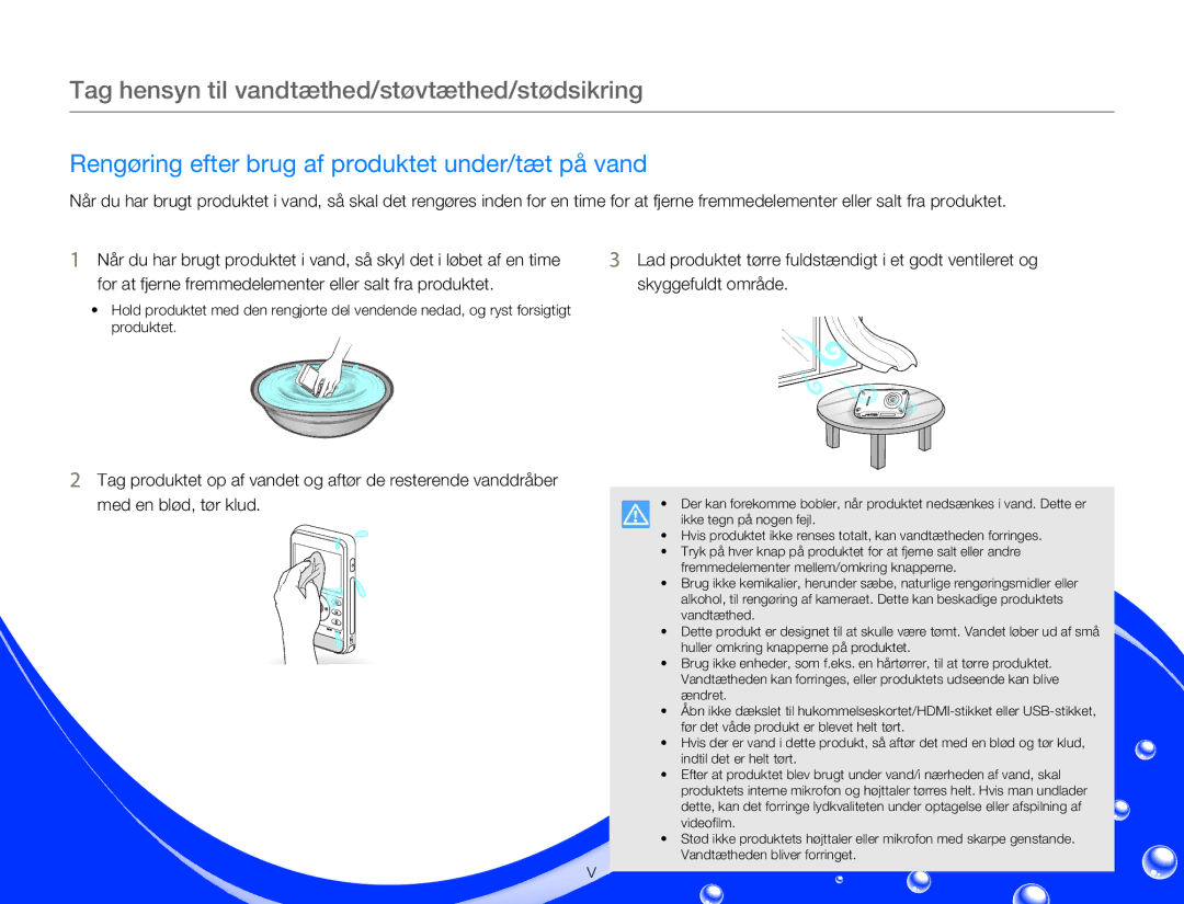 Samsung HMX-W300YP/EDC, HMX-W350YP/EDC manual Rengøring efter brug af produktet under/tæt på vand 