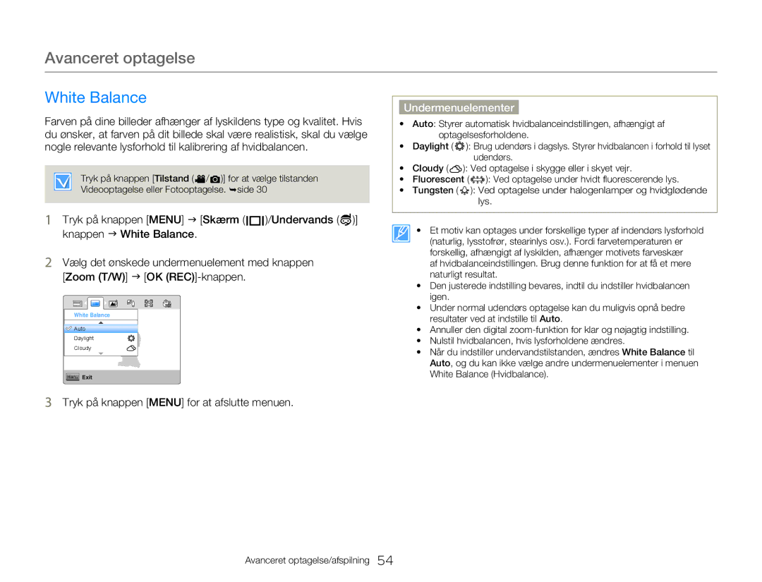 Samsung HMX-W350YP/EDC, HMX-W300YP/EDC manual Avanceret optagelse, White Balance 