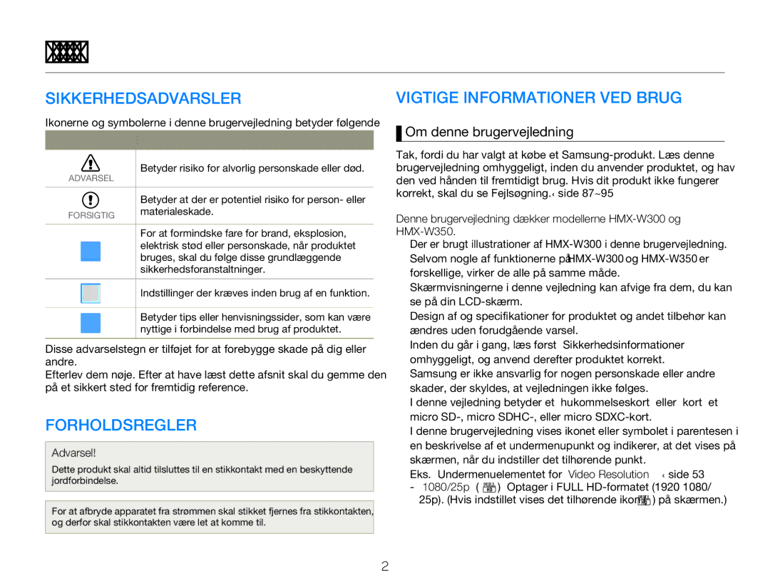 Samsung HMX-W350YP/EDC, HMX-W300YP/EDC manual Inden du læser denne brugervejledning, Sikkerhedsadvarsler, Forholdsregler 