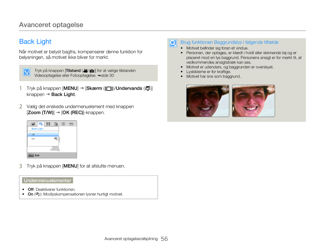 Samsung HMX-W350YP/EDC, HMX-W300YP/EDC manual Back Light, Brug funktionen Baggrundslys i følgende tilfælde 