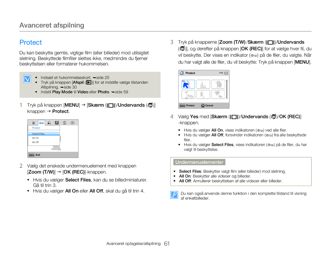 Samsung HMX-W300YP/EDC, HMX-W350YP/EDC manual Protect, Tryk på knappen Menu J Skærm /Undervands 