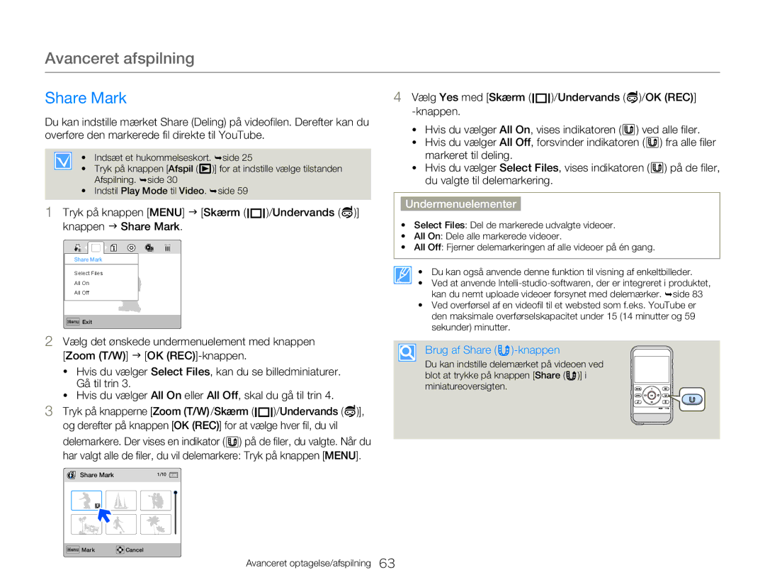 Samsung HMX-W300YP/EDC, HMX-W350YP/EDC manual Share Mark, Brug af Share -knappen 