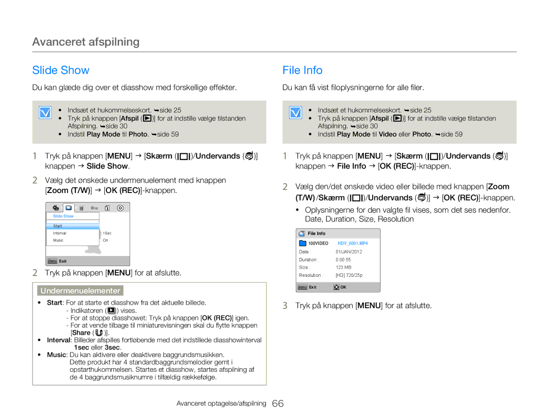 Samsung HMX-W350YP/EDC, HMX-W300YP/EDC Slide Show File Info, Du kan glæde dig over et diasshow med forskellige effekter 