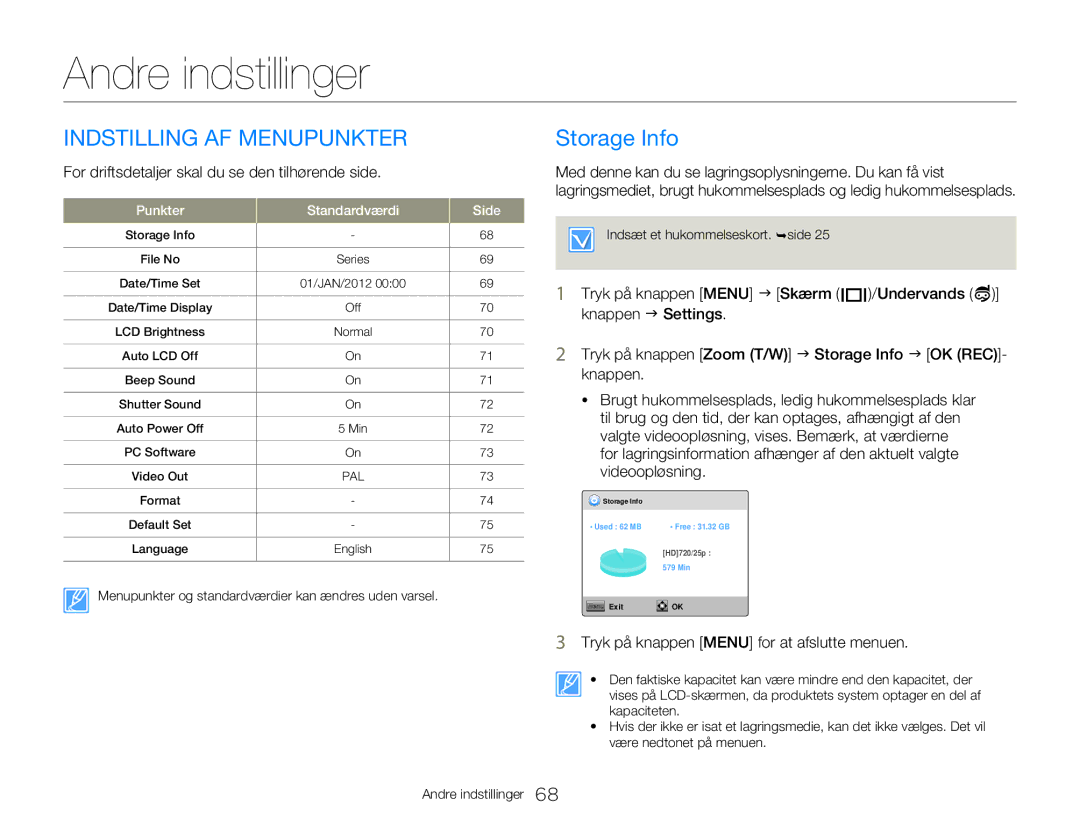 Samsung HMX-W350YP/EDC manual Indstilling AF Menupunkter, Storage Info, For driftsdetaljer skal du se den tilhørende side 