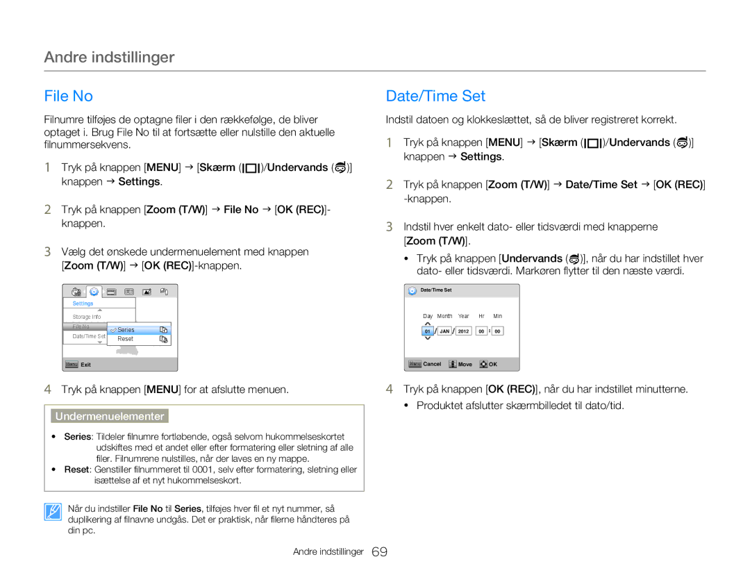 Samsung HMX-W300YP/EDC, HMX-W350YP/EDC manual Andre indstillinger, File No, Date/Time Set 