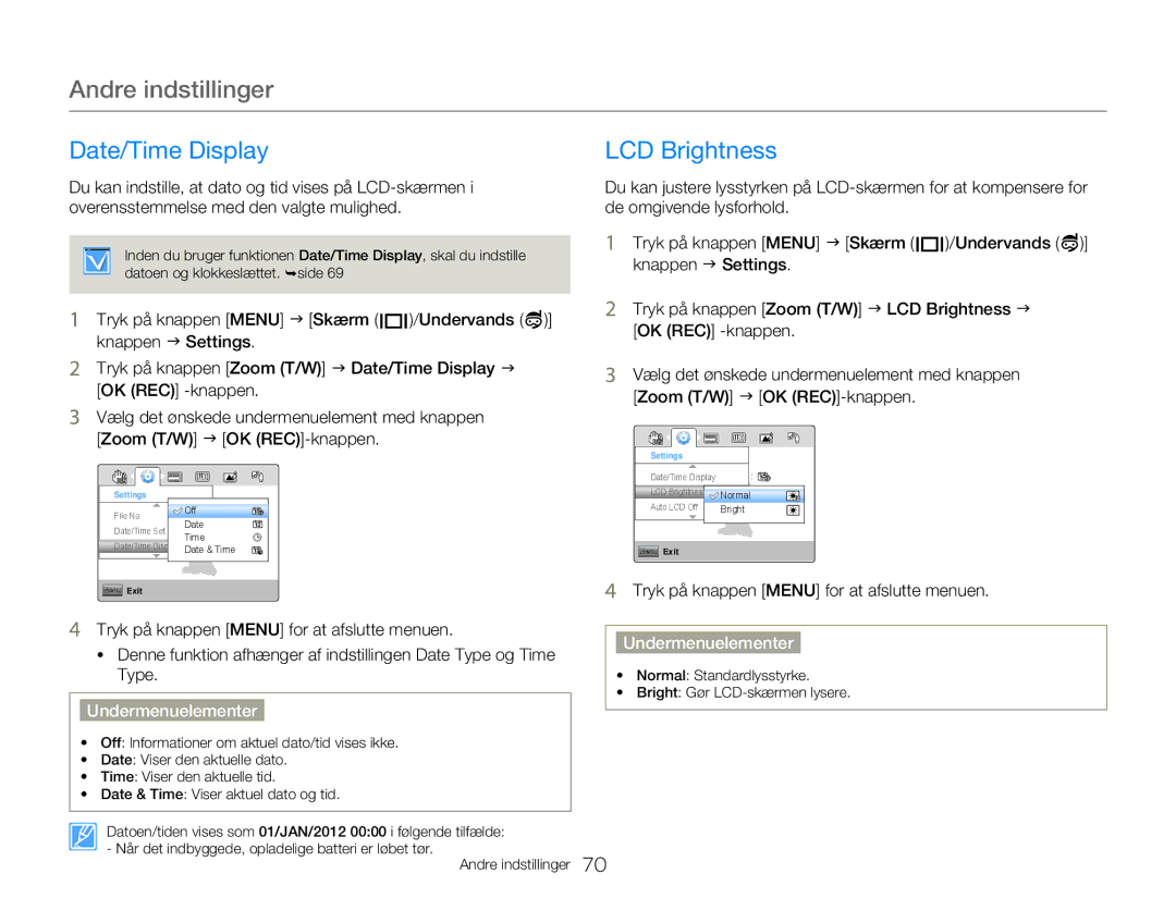 Samsung HMX-W350YP/EDC, HMX-W300YP/EDC manual Date/Time Display LCD Brightness 