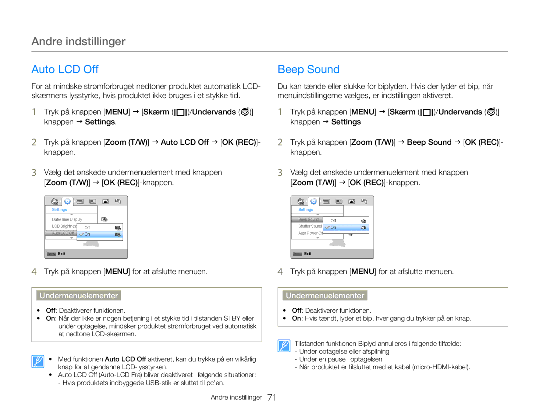 Samsung HMX-W300YP/EDC, HMX-W350YP/EDC manual Auto LCD Off, Beep Sound 