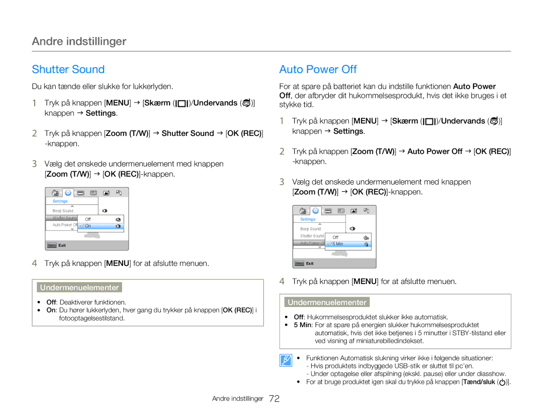 Samsung HMX-W350YP/EDC, HMX-W300YP/EDC manual Shutter Sound Auto Power Off 