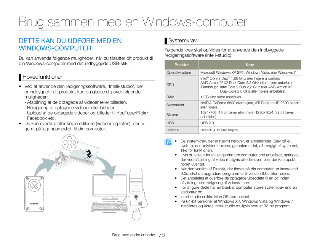 Samsung HMX-W350YP/EDC Brug sammen med en Windows-computer, Dette KAN DU Udføre MED EN WINDOWS-COMPUTER, Hovedfunktioner 