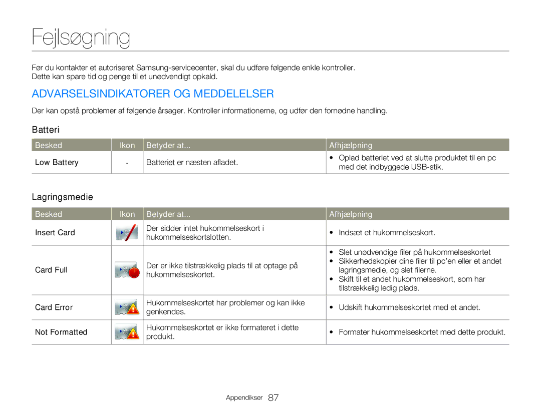 Samsung HMX-W300YP/EDC, HMX-W350YP/EDC manual Fejlsøgning, Lagringsmedie, Low Battery, Batteriet er næsten afladet 