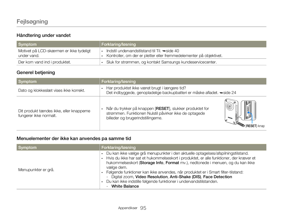 Samsung HMX-W300YP/EDC manual Generel betjening, Menuelementer der ikke kan anvendes pa samme tid, Menupunkter er grå 