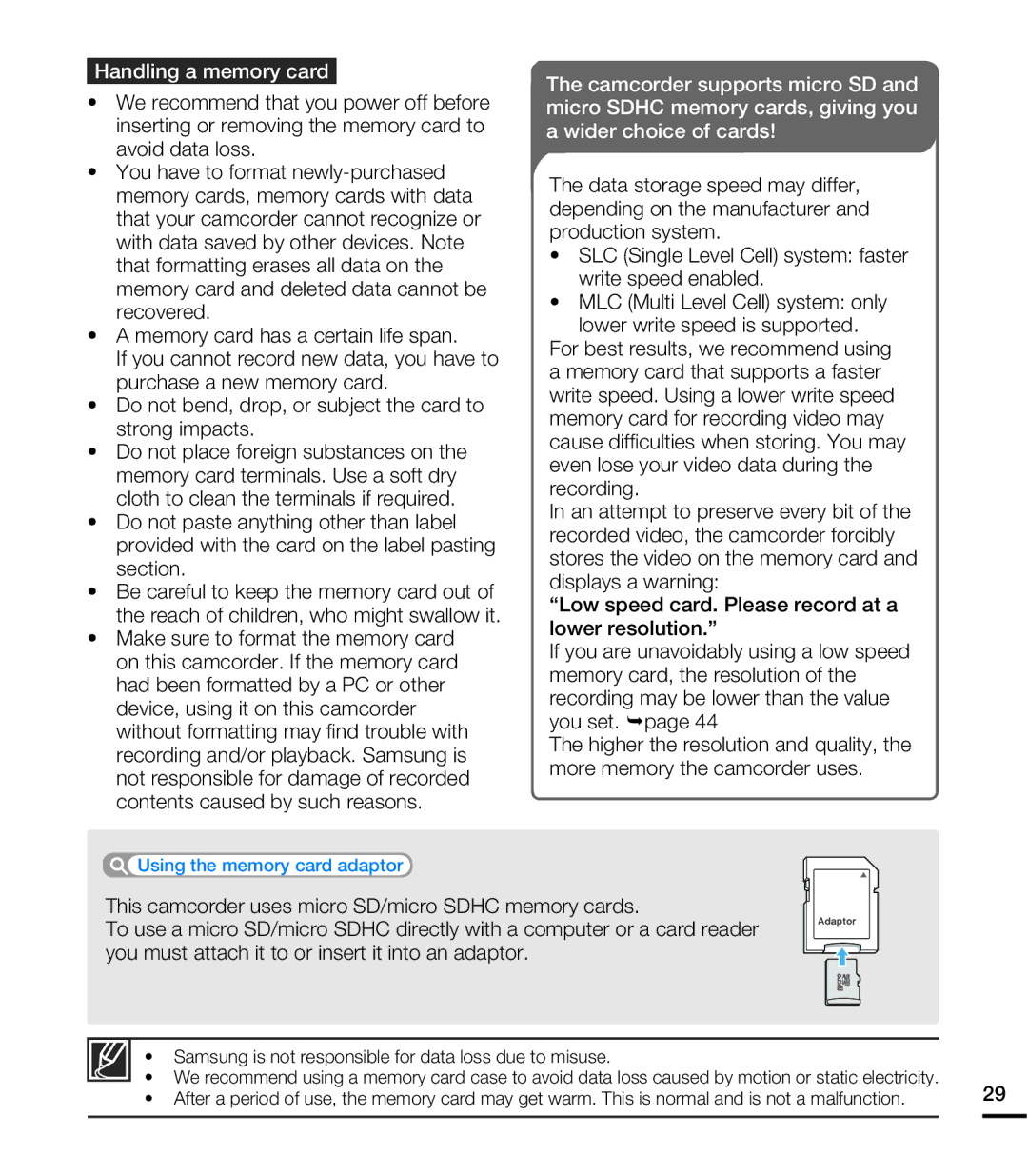 Samsung HMXE10WNX, HMXE10BNX user manual Handling a memory card 