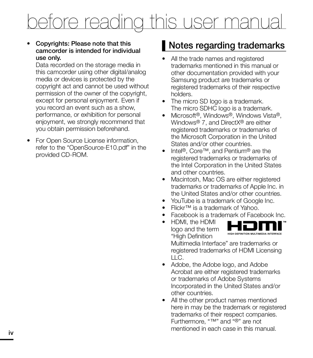 Samsung HMXE10BNX, HMXE10WNX user manual 