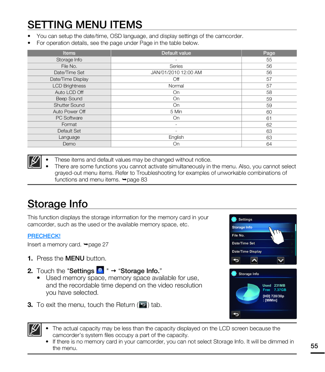 Samsung HMXE10WNX, HMXE10BNX user manual Setting Menu Items, Storage Info 