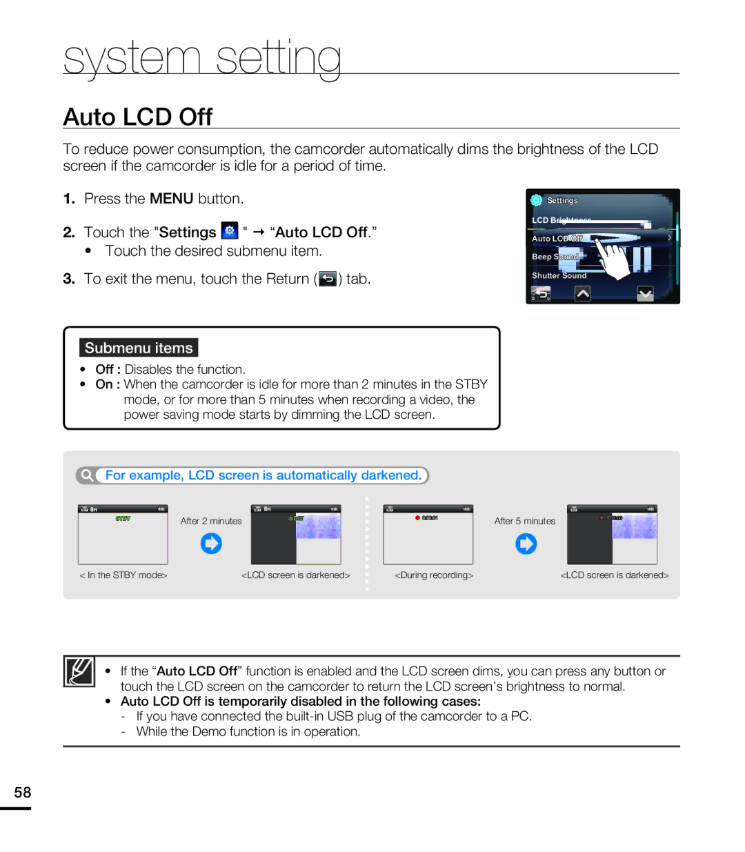 Samsung HMXE10BNX, HMXE10WNX user manual Auto LCD Off, Off Disables the function 