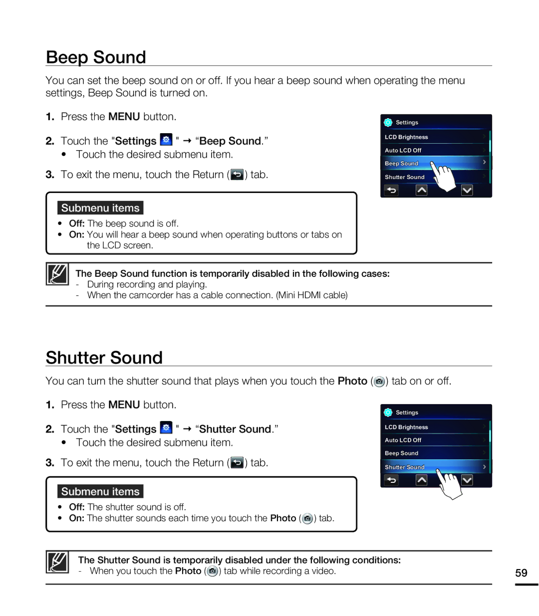 Samsung HMXE10WNX, HMXE10BNX user manual Beep Sound, Shutter Sound 