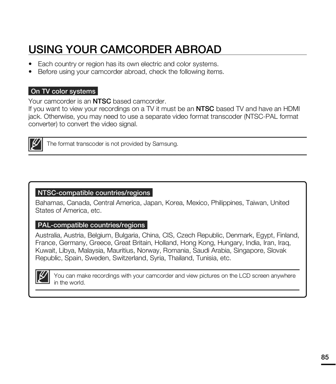 Samsung HMXE10WNX, HMXE10BNX user manual Using Your Camcorder Abroad, On TV color systems, NTSC-compatible countries/regions 