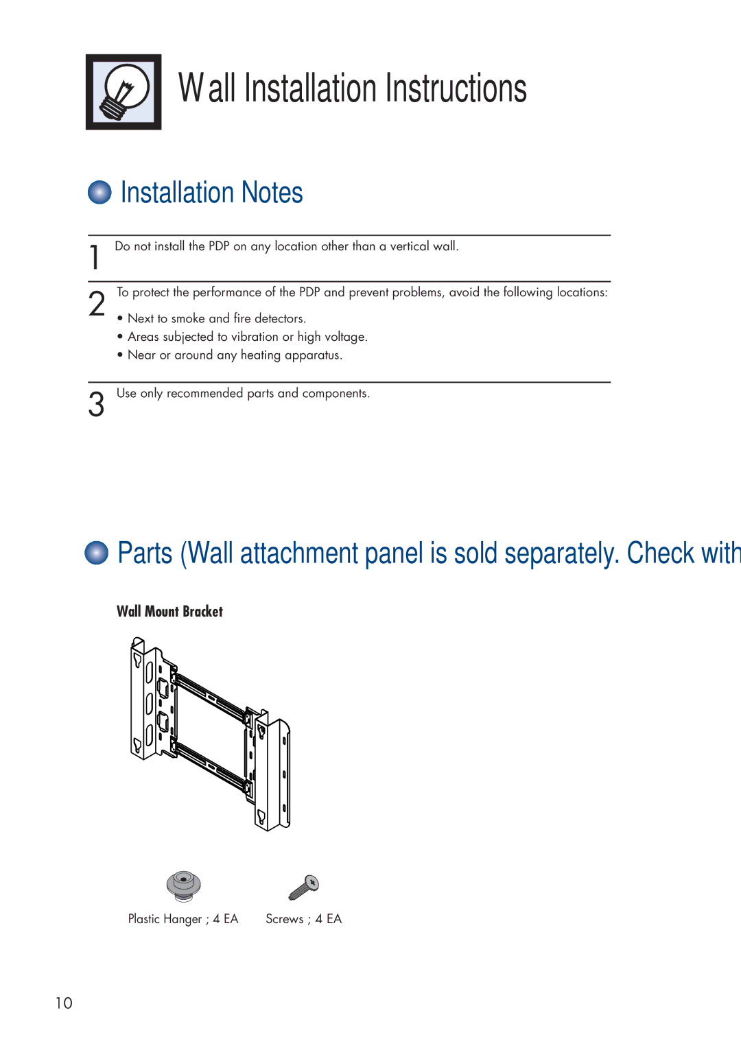 Samsung HP-P3761 manual Installation Notes, Wall Mount Bracket 