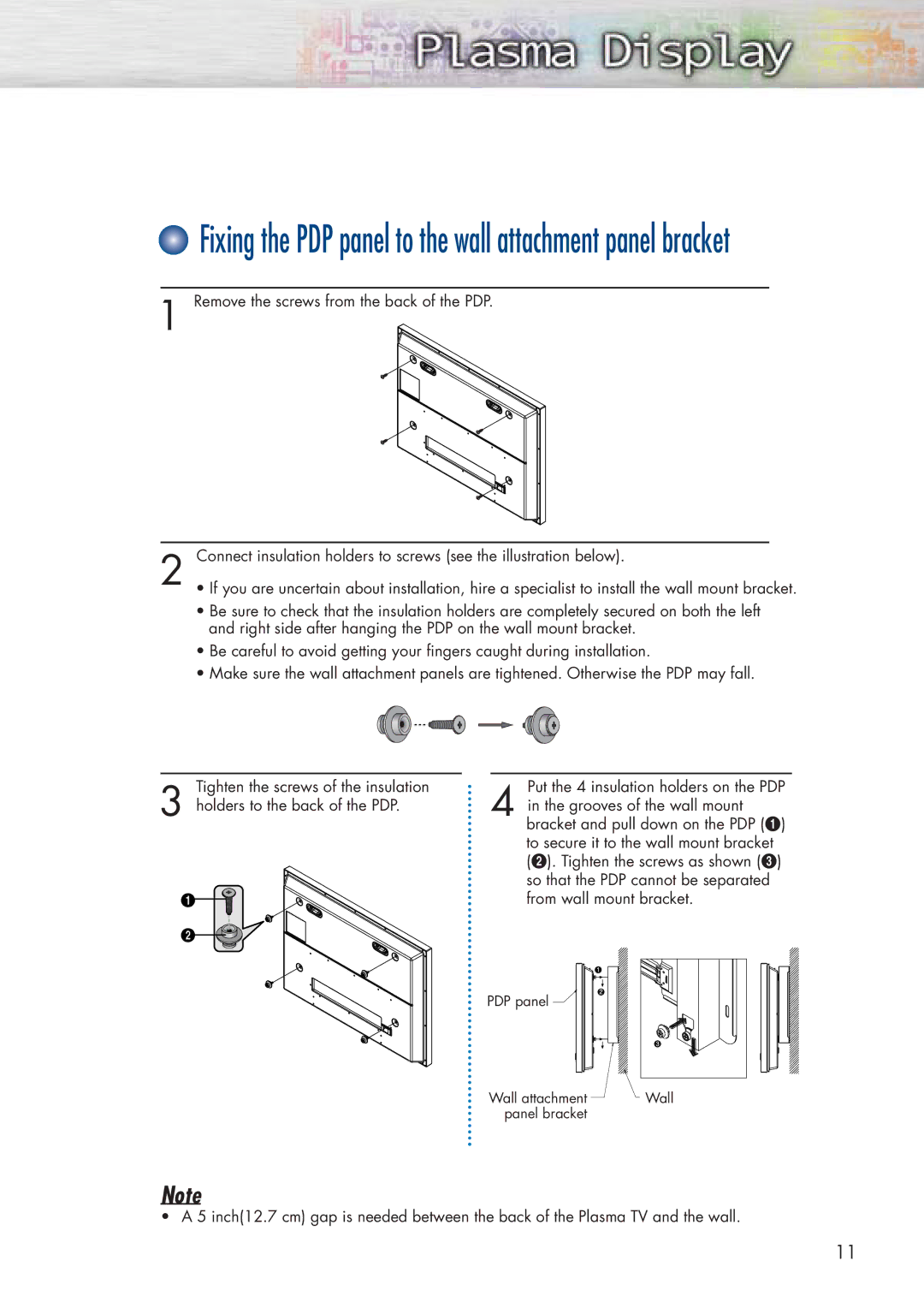 Samsung HP-P3761 manual Fixing the PDP panel to the wall attachment panel bracket 