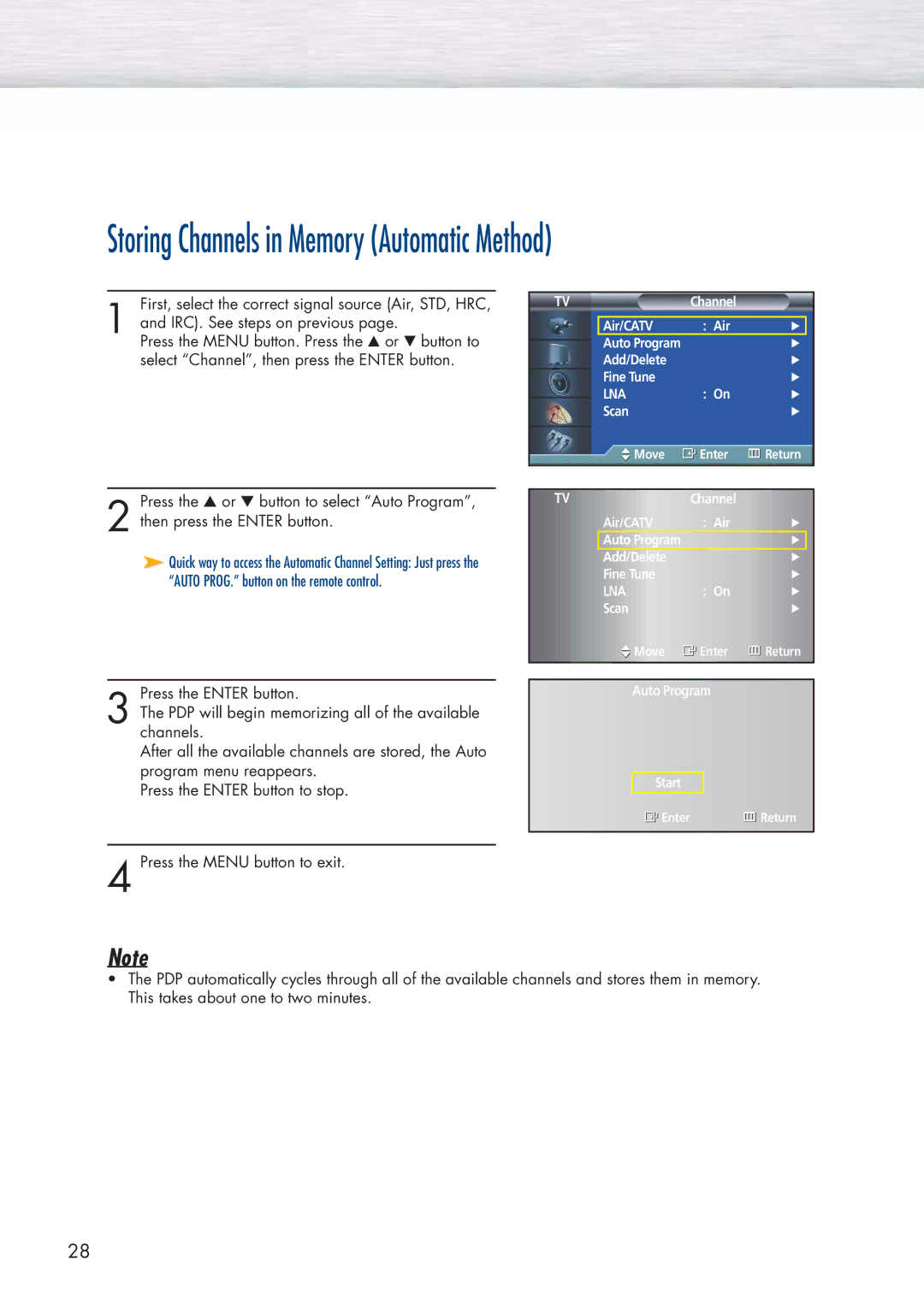 Samsung HP-P3761 manual Storing Channels in Memory Automatic Method 