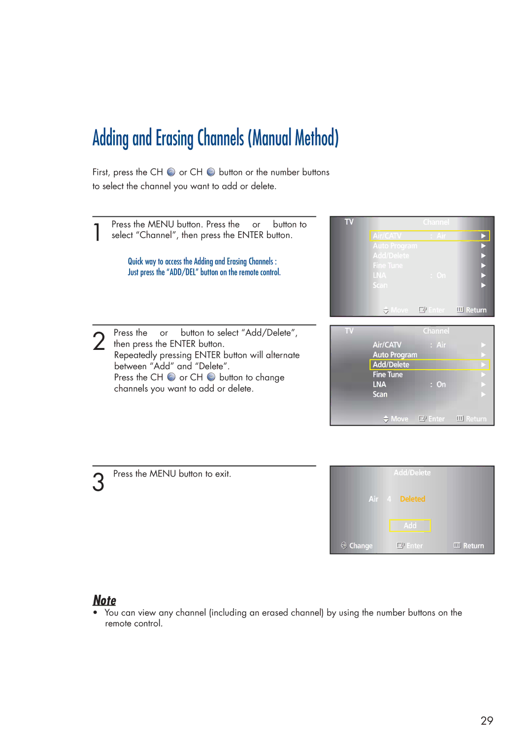 Samsung HP-P3761 manual Adding and Erasing Channels Manual Method 