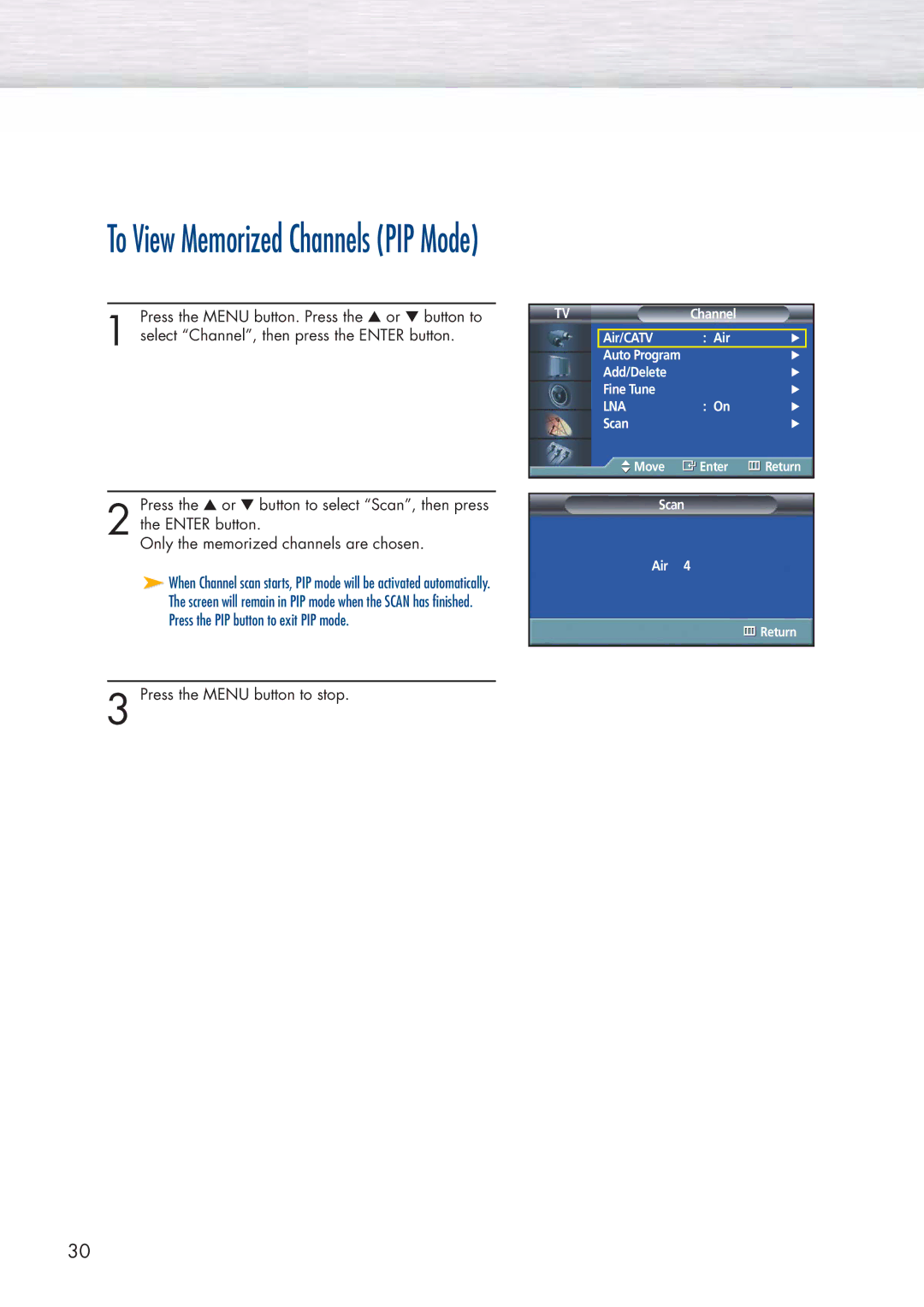 Samsung HP-P3761 manual To View Memorized Channels PIP Mode 