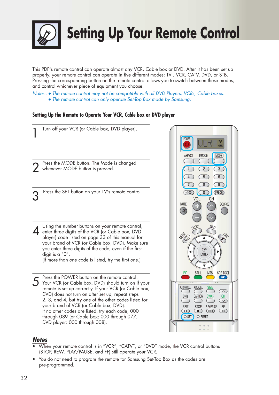 Samsung HP-P3761 manual Setting Up Your Remote Control 